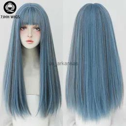 Synthetic Wigs 7JHH WIGS Long Straight Wigs With Bang For Women Omber Blue Synthetic Crochet Hair African American Favorite Female Full Wig HKD230818