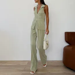 Women's Two Piece Pants 2023 Summer Casual Solid Color Sleeveless Lapel Shirt Top High Waist Trousers Pleated Set Women