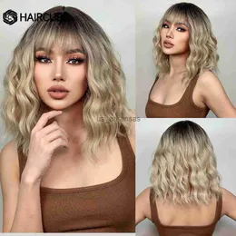 Synthetic Wigs HAIRCUBE Medium Length Wavy Synthetic Wigs With Bangs for Women Ombre Brown Blonde Natural Wigs Heat Resistant Cosplay Hair HKD230818