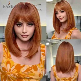 الباروكات الاصطناعية Easihair Copper Ginger شعر مستعار مع الانفجارات متوسطة الطول شعر مستعار مستقيم للنساء Cosplay يوميا مقاوم للحرارة HKD230818