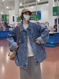 Kvinnors jackor kvinnors blå kappa denim jackor mode överdimensionerade långärmad enkelbröstpicka jeans toppar koreansk stil tjejkläder 230817