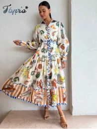 Grundläggande casual klänningar blommor tryckt lykta ärm Long Dres elegant laple single -knapp Vestidos mode strandsemester lace up robe 230817