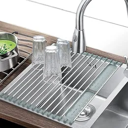 Matlagringsorganisation sätter Rack 47x22cm Sink Steel Up Drainer Holder Dishes Kitchen Foldbar Arrangör Rostfri Roll Dish Bowl Shelf 230817