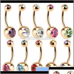 Navelklockknapp ringer rostfritt stål Guldkristall Rhinestone Belly Ring Bar Body Piercing smycken GF6VX KVXON DROP LEVERANS DHSMQ