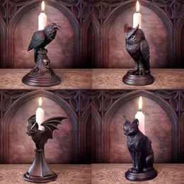 Candle Holders Halloween Gothic Crow Owl Bat Candlestick Desk Ornaments Resin Candle Holder Animal Statue Figurines Nordic Room Home Decoration 230817