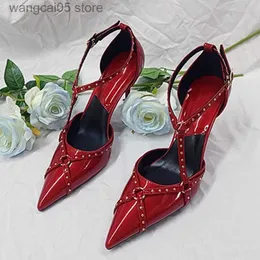 Dress Shoes Liyke New Style Vintage Women Pumps Red Leather Pointed Toe Buckle Strap Thin High Heels Fashion Summer Office Lady Shoes T230818