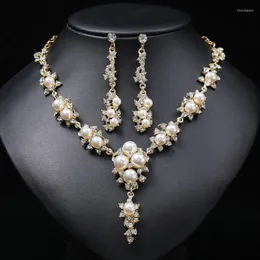 Necklace Earrings Set Bridal Crystal Pearl Beads Gold Color Statement Necklaces Charm Luxury Jewelry For Women Valentine's Gift