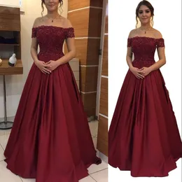 Sexy Evening Dresses Wear Wine Red Bury Satin Off Shoulder Short Sleeves Lace Appliques Crystal Beads Prom Party Gowns Special Ocn