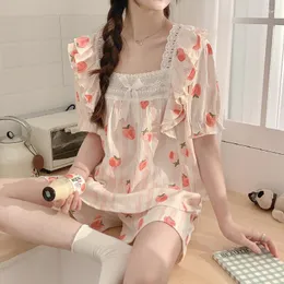 Kvinnors sömnkläder Summer Pyjama Set For Women Girl Princess Lace Cotton Pyjama Pour Femme Strawberry Print Short Homewear Home Suit