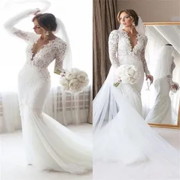 Romantische Meeresjungfrau Spitzen Hochzeitskleid 2023 Langschläre schiere Nacken Schlanker weißes Land Rustikales Braut Kleid Low Rückenless Vestidos Chic Robe Mariee Femme Vestido de Noiva