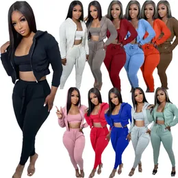 Designer Fall Winter Women Tracksuits 3 Pieces Set Set Long Sleeve Sweatsuits Casual Hooded Jacket Tank Top and Pants Outfits Casual Sports Sports Sportwear Bulk