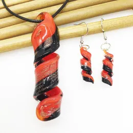 Necklace Earrings Set 1 Chinese Style Retro Red Black Spiral Colored Glaze Murano Glass Pendant Earring For Women