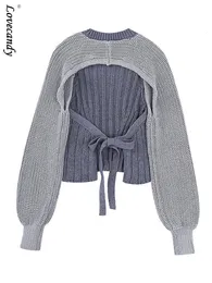 Women Sweters Patchwork koronkowy sweter dla kobiet Elegancki vintage Lantern Sleeve Pullover żeńska skoczek z głównych ulic 230818
