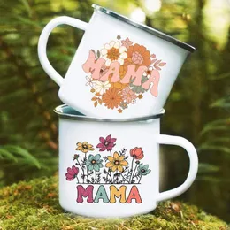 Mugs Mama Flower Print Mug Creative Emamel Drinks Coffee Cup Travel Camping Cups Vintage Handle Drinkware Gifts for Mother