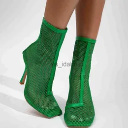 Stivali xibeilove 2023 Nuove donne di moda stivali caviglie stivali sexy a testa quadrata con cerniera griglie verde green tallone traspirante scarpe da ballo traspirante j230818