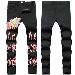 Men's Jeans Hip Hop West Coast Tidal Black Digital Print Leopard Head Elastic Slim Fit Small Straight Sleeve for Men