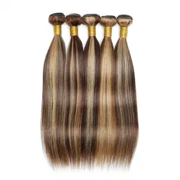 60gram p4/27 하이라이트 인간 머리 묶음 10 ~ 22 인치 사전 색 브라운 금발 페루 머리 확장 더블 wefts