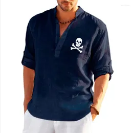 Men's T Shirts 2023 Summer Linen Long Sleeve T-shirt Loose Solid Color Cotton Shirt Printed X Skull