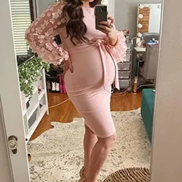 Elegant kvinnor klänning graviditetsklänning blommakopp långärmad elastisk moderskapsklänning daglig fast färgfotografering klänning