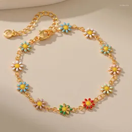 Link bransoletki styl etniczny olej olej ręcznie malowany kolorowy kwiat 18K złoty metalowy łańcuch kobiet bransoletka duszpasterstwo