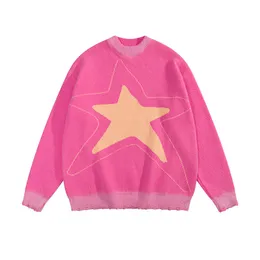 Harajuku stjärna tröja y2k hiphop stickad grafik rippad oroad jumper streetwear 2023 mode lös pullover rosa mörkblå