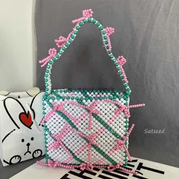 Totes Pink Bow Beaded Bag Acrylic Handmade Purses and Handbags Luxury Designer High Quality Ladies Shoulder Tote for Woman 2023 Summer HKD230818