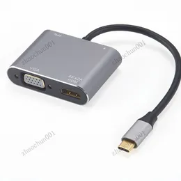 USB C till HDTV+VGA+USB3.0+PD -adapter 4 i 1 Multiport Support 4K 30Hz 1080p Aluminiumlegering Dock Hub för MacBook HP ZBook Samsung S20 Dex Huawei P30 Xiaomi 11