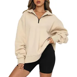 Kvinnor Hoodies Sweatshirts Autumn Overdized Quarter 14 Zip Lapel Collar Long Sleeve Drop Shoulder Solid Pullover Jumper Top 230818