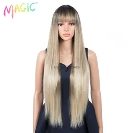 Synthetic Wigs Magic 34inches Synthetic Straight Long Wig With Bangs Ombre Black Blonde Wig For Women Daily Use Heat Resistant Fiber Hair HKD230818