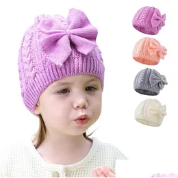 Beanie/Skull Caps Fashion Street Hats Baby Girl Boy Knitted Turban Bow Hat Toddler Kids Head Wrap Headband Solid Candy Color Cap Drop Dhv0P