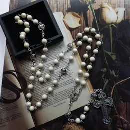 Anhänger Halskette katholische Christus Kreuz Halskette für Frauen Männer graviert florale Beige Acryl Rosenkranzperlen Kette Schmuck Geschenk