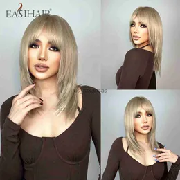 Synthetic Wigs EASIHAIR Blonde Straight Synthetic Wigs Medium Length Layered Natural Hair Wigs for Women with Bangs Cosplay Wig Heat Resistant HKD230818