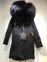 Women's Fur Design Beading Army Green/ Black Parka Hooded Mr Furs Jacket With Mrs Raccoon Collar Coat