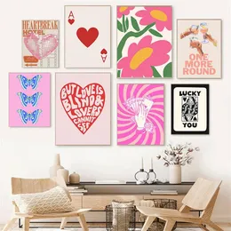 Canvas målar retro cocktail körsbär estetiska disco affischer och tryck väggkonst väggbilder för sovsal rosa tjej sovrum dekor wo6