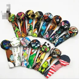 Printing Silicone Pipe metal bowl Pot Smoking Tobacco Cigarette Spoon Hand Pipes Tools Accessories Hookahs Bong Oil Rig Tips LL