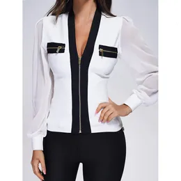 Jackets femininas Bandagem Bolha de manga longa Bodycon Women White Sexy Vneck Zipper Jacket Top Party Club Roupas Tops 230818