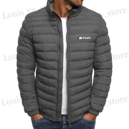 新しい軽量の暖かい綿パッドジャケットの男性スタンドカラースリムダウンジャケットカジュアルメンズ水平方向のストライプダウンパッド入りジャケットT230819
