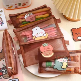 Transparent Mesh Pencil Bag Cartoon Cute Bear Brown Large Capacity Stationery Storage Case School Supplies