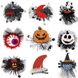 Halloween Hairclip Element Kids Girl Barrettes Spider Pumpkin Mesh Edge Clip Barn Hårtillbehör för fester gåvor Dekoration U09