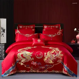 Bedding Sets Four-Piece Set Pure Cotton Bright Red Dragon And Phoenix Flower-Bird Pattern Embroidered Four Seasons Universal