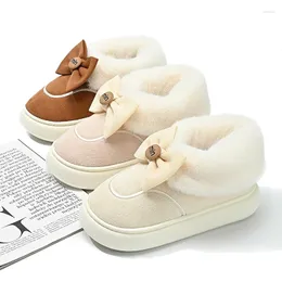 Slippers 2023 Warm Winter Shoes Woman Indoor Cute Bow Knot Solid Flock Ladies House Floor Boots Thick Sole Girls Street Footwear
