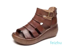 TAGABO äkta läderdamer Sandaler Openwork Flat Set Beach Shoes S2618 Brown Apricot Color Summer Daily Sandals Leisure