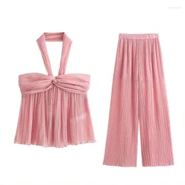 Women's Two Piece Pants Summer Suit 2023 Casual Hanging Neck Pleated Top Elastic Waist Wide Leg Pieces Sexy Elegant Clothing