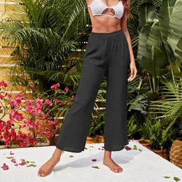 Women's Pants Women Transparent Cotton Linen Beach Cover Up Swimsuit Bikini Bottom Wide Leg Trousers Jiufen Leisure Holiday Beachwear