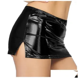 Skirts Women Fashion Micro Skirt Shiny Metallic Faux Leather Split Night Club Pole Dancing Low Waist Elastic Waistband Miniskirts Dr Dhtka