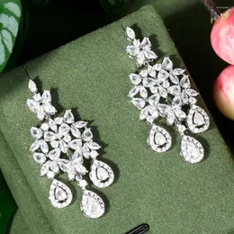 Dangle Earrings Sparkling White Cubic Zirconia Water Droplets Silver Plated Flower Bridal For Wedding Party E-06