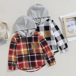 T -Shirts FocusNorm 3 7y Herbst Kleinkind Kinder Jungen Kapuze T -Shirts Plaid Patchwork Langarm Pullover Tops mit Tasche 230818