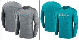 T-shirt a maniche lunghe da uomo Heather Grey Sideline Team Velocity Performance di Miami''Dolphins''