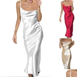 Basic Casual Dresses Summer Women Satin Long Dress Sexy Sleeveless Backless Spaghetti Strap Silk Mermaid Es Female Nightclub Party Dh6Ay