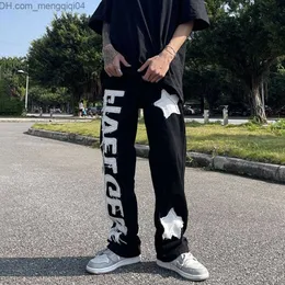 Men's Pants Y2k High Street Letter Five Point Star Patch Jeans Men's Hip Hop Fried Street Straight Trousers Tidal Brand Letter Design Pants Z230819